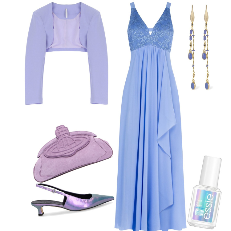 Outfit donna - Invitata a cerimonia serale. Stile Glamour per Cerimonia. Abbinamento con smalti, vestiti lunghi, blazer, décolleté, pochette, orecchini.