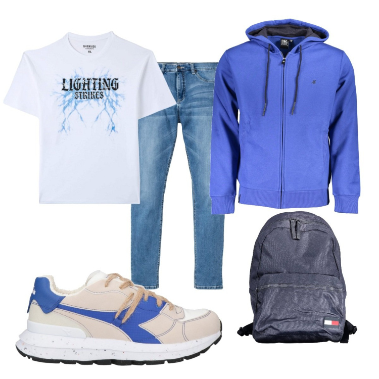 Outfit uomo - Total look #1871697. Stile Trendy per Tutti i giorni. Abbinamento con jeans, sneakers, t-shirt, felpe con cappuccio, borse sportive.