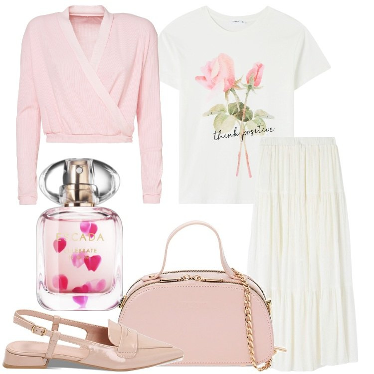 Outfit donna - Auguri Mamma!. Stile Romantica per Tutti i giorni. Abbinamento con profumi, t-shirt, gonne lunghe, top, ballerine, borse a mano.