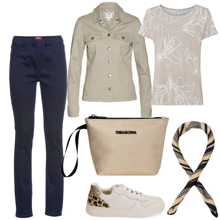 Outfit donna - Curvy minimal-chic. Stile Basic per Tutti i giorni. Abbinamento con blazer, jeggings, maglieria, foulard, sneakers, valigie.