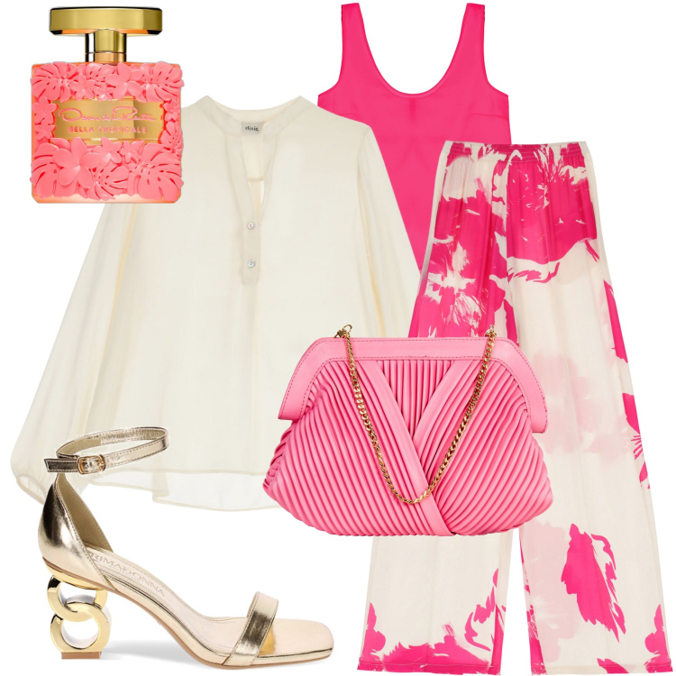 Outfit donna - Giardini fioriti. Stile Chic per Serata fuori. Abbinamento con profumi, pochette, pantaloni a palazzo, canottiere, sandali col tacco, camicie.