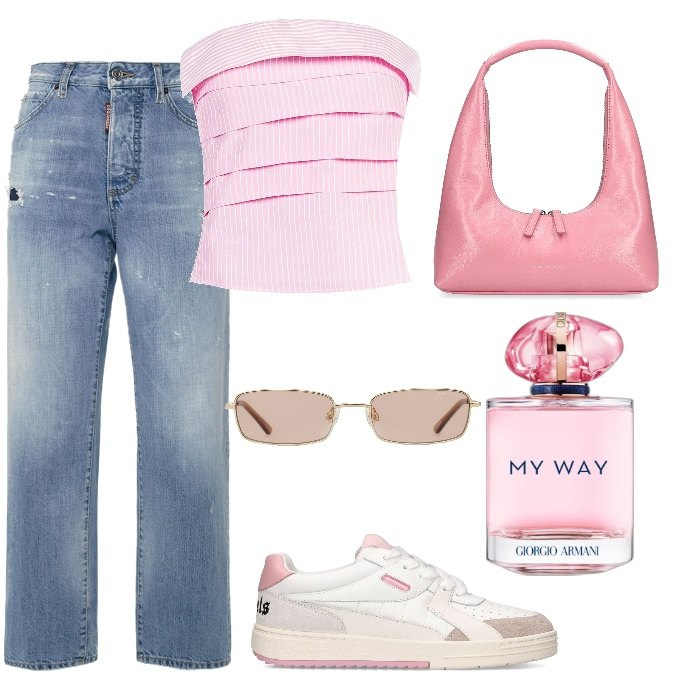 Outfit donna - Total look #1871735. Stile Trendy per Tutti i giorni. Abbinamento con profumi, top, jeans, occhiali da sole, sneakers, borse a spalla.