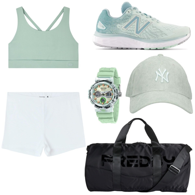 Outfit donna - Sport. Stile Casual per Sport. Abbinamento con orologi, top sportivi, leggings, sneakers, borse sportive, cappelli con visiera.