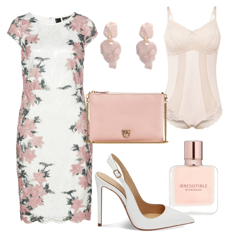 Outfit donna - Look da cerimonia curvy. Stile Minimal per Cerimonia. Abbinamento con body, vestiti, orecchini, profumi, borse a tracolla, décolleté.