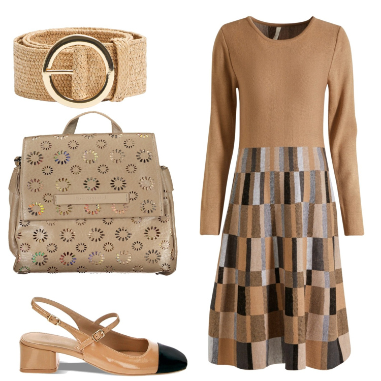 Outfit donna - Marroni. Stile Minimal per Ufficio. Abbinamento con vestiti, cinture, décolleté, zaini.