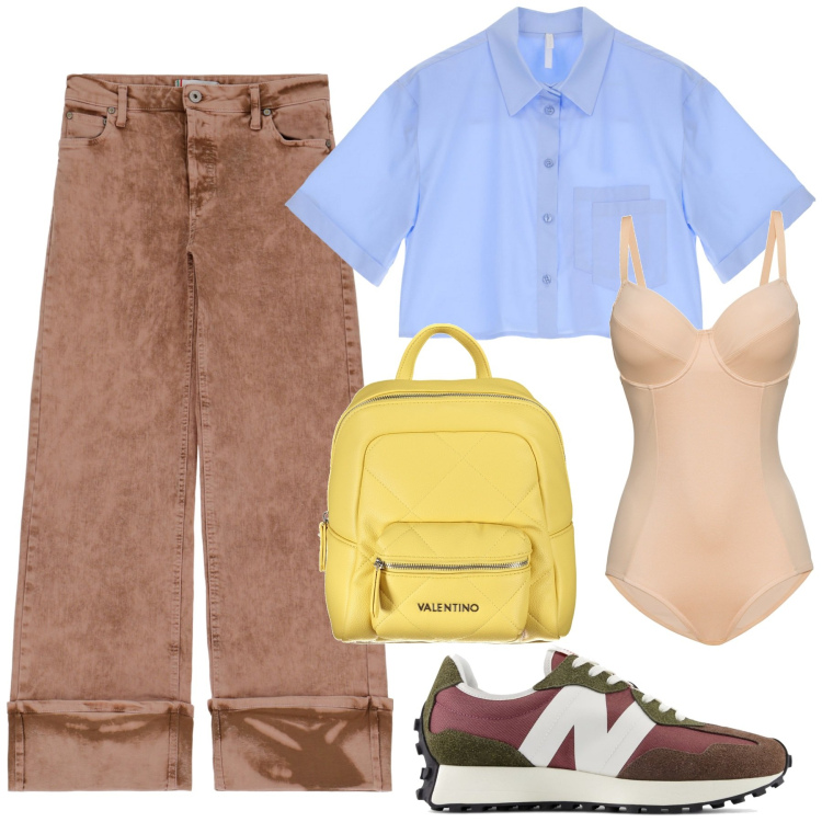 Outfit donna - Casual chic. Stile Casual chic per Scuola/Università. Abbinamento con body, sneakers, pantaloni, camicie a manica corta, zaini.