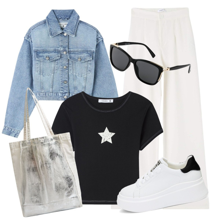 Outfit donna - inizia la bella stagione. Stile Basic per Tutti i giorni. Abbinamento con occhiali da sole, pantaloni, t-shirt, shopping bag, blazer, sneakers.