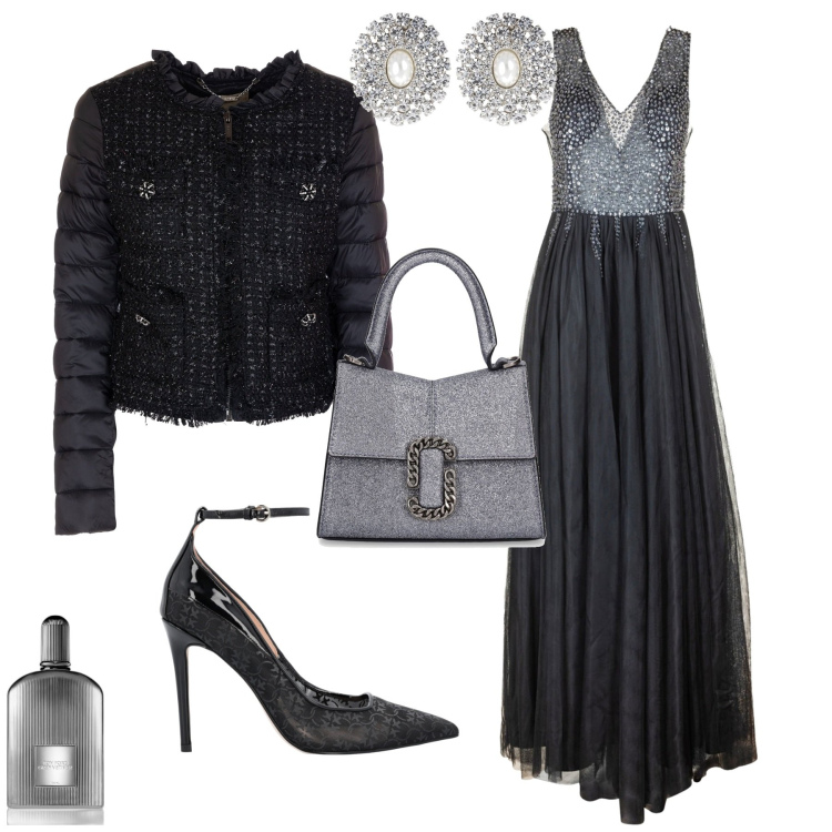 Outfit donna - Glamour serata evento. Stile Glamour per Serata fuori. Abbinamento con profumi, décolleté, blazer, vestiti lunghi, borse a mano, orecchini.
