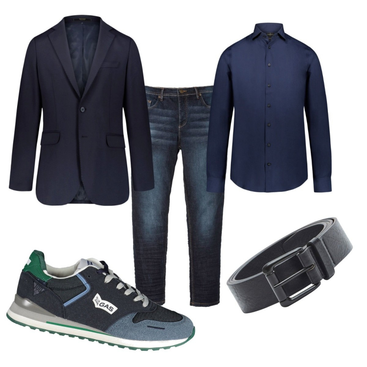 Outfit uomo - Total look #1871824. Stile Trendy per Tutti i giorni. Abbinamento con jeans slim fit, cinture, camicie, giacche, scarpe sportive.