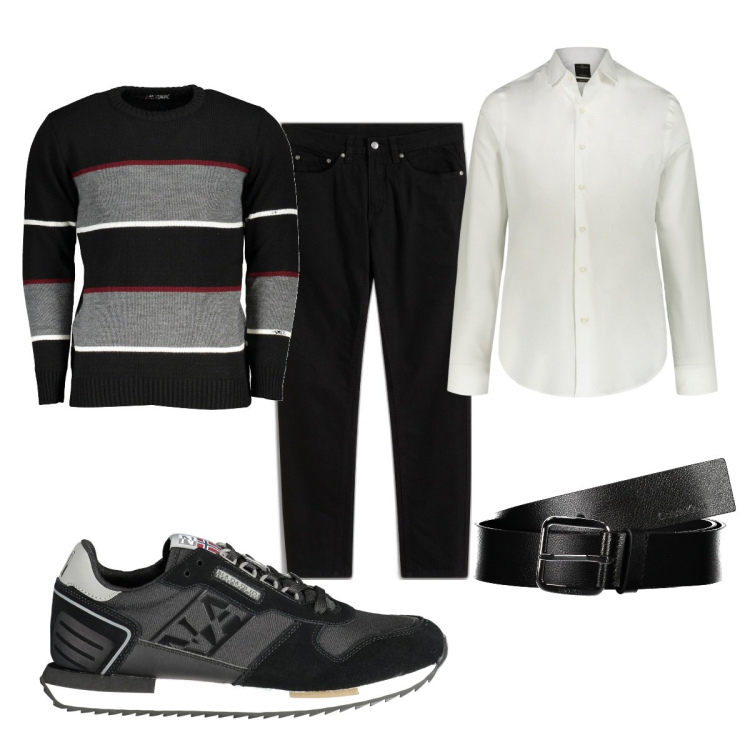 Outfit uomo - Total look #1871829. Stile Trendy per Tutti i giorni. Abbinamento con jeans slim fit, camicie, maglieria, cinture, scarpe sportive.