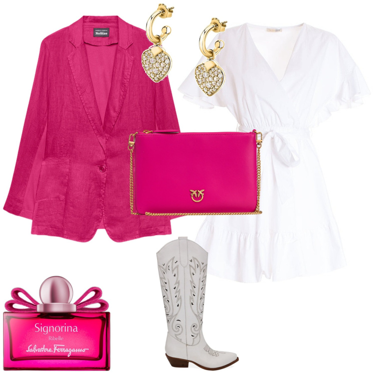 Outfit donna - Glamour serata evento speciale. Stile Glamour per Serata fuori. Abbinamento con orecchini, profumi, borse a tracolla, vestiti, stivali, blazer.