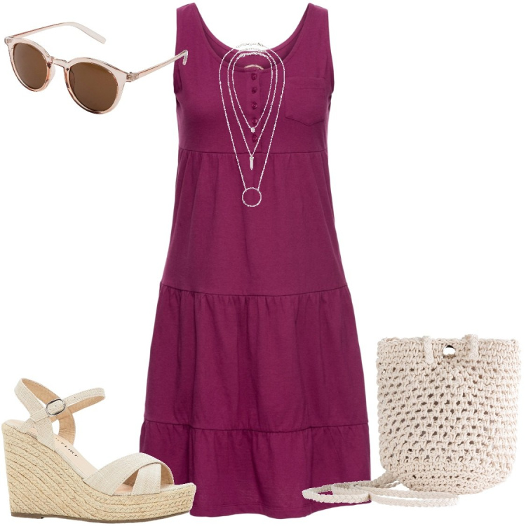 Outfit donna - Abito estivo. Stile Casual per Tutti i giorni. Abbinamento con vestiti corti, ciondoli, occhiali da sole, sandali, borse a tracolla.