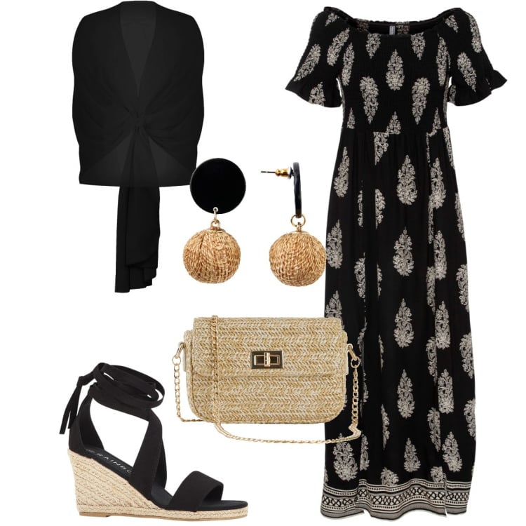 Outfit donna - Serata al mare. Stile Boho per Serata fuori. Abbinamento con vestiti, orecchini, sandali, borse a mano, stole.