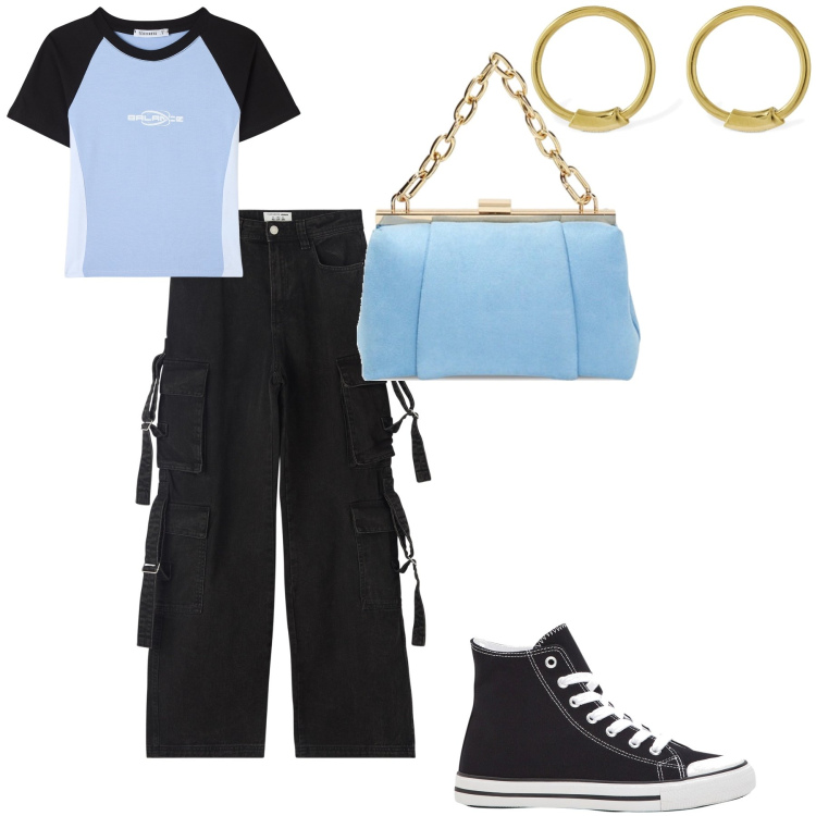 Outfit donna - Una giornata fuori. Stile Casual per Tutti i giorni. Abbinamento con sneakers alte, jeans, t-shirt, borse a spalla, orecchini.