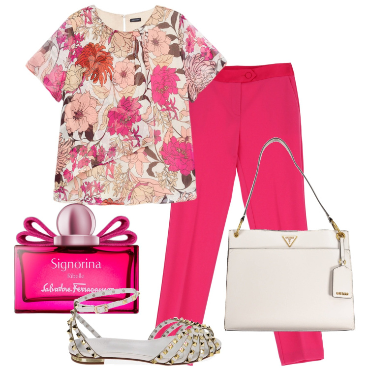 Outfit donna - Buona festa, mamma!. Stile Glamour per Tutti i giorni. Abbinamento con profumi, pantaloni, ballerine, bluse, borse a spalla.