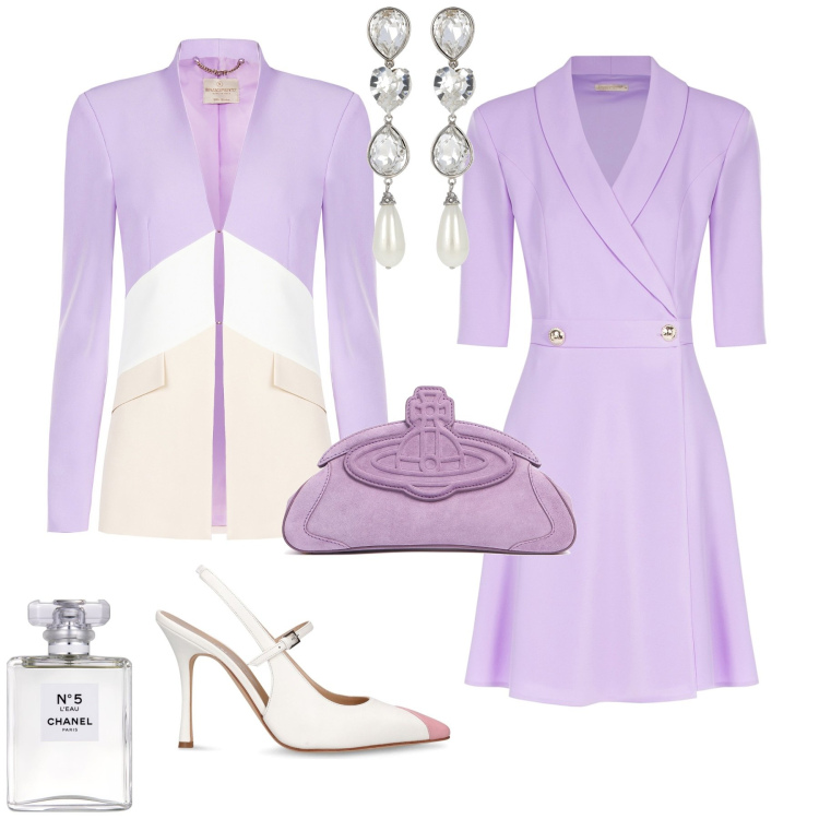 Outfit donna - Bon ton cerimonia evento. Stile Bon Ton per Cerimonia. Abbinamento con profumi, vestiti midi/longuette, blazer, décolleté, orecchini, pochette.