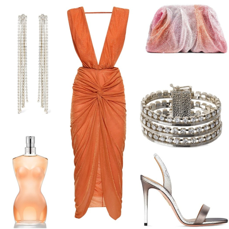 Outfit donna - Wedding guest. Stile Glamour per Cerimonia. Abbinamento con profumi, vestiti midi/longuette, sandali in pelle, pochette, orecchini, braccialetti.