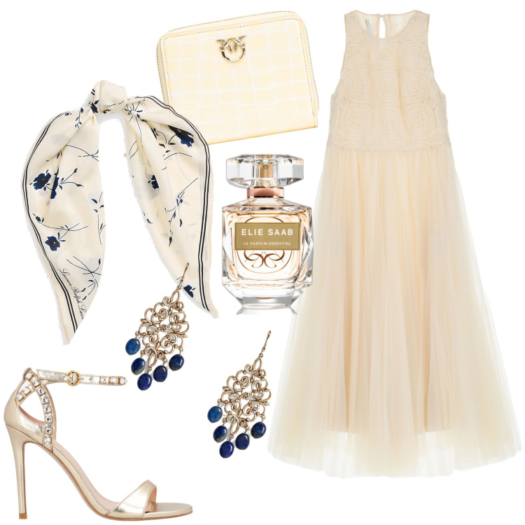 Outfit donna - Eterea. Stile Chic per Cerimonia. Abbinamento con profumi, sandali in pelle, portafogli, vestiti midi/longuette, foulard, orecchini.