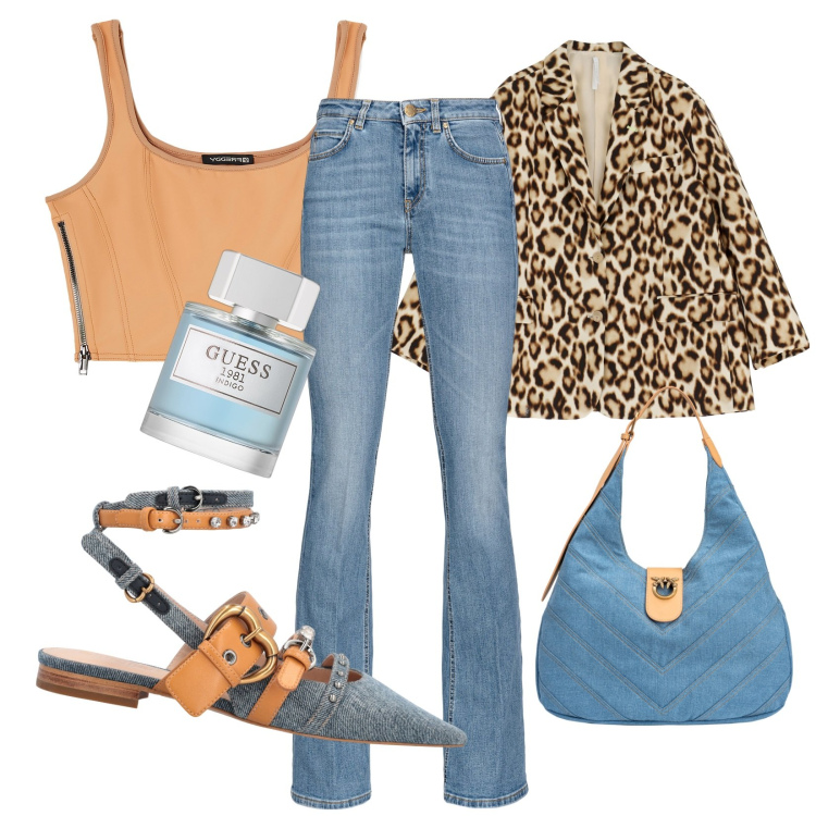 Outfit donna - Jeans vs. leopardato. Stile Trendy per Serata fuori. Abbinamento con profumi, borse a spalla, décolleté, jeans, blazer, top.
