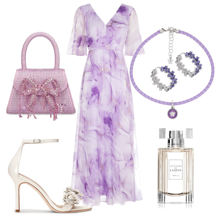 Outfit donna - Fiori e leggerezza. Stile Chic per Cerimonia. Abbinamento con profumi, vestiti lunghi, sandali in pelle, collane, borse a mano, orecchini.