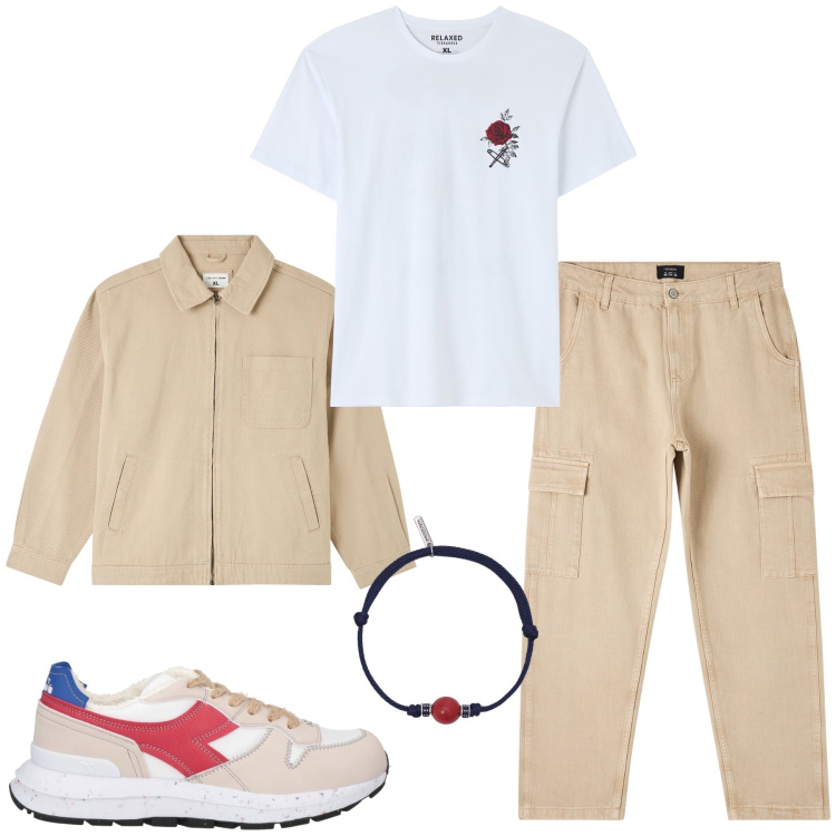 Outfit uomo - Total look. Stile Trendy per Tutti i giorni. Abbinamento con sneakers, giacche, t-shirt, pantaloni cargo, braccialetti.