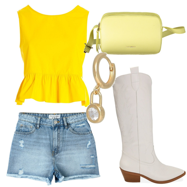 Outfit donna - Rouches in giallo. Stile Sporty chic per Tutti i giorni. look ideale per Petite. Abbinamento con orecchini, shorts, top, stivali, borse a tracolla.