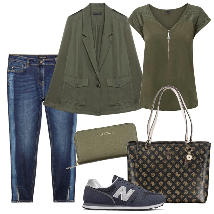 Outfit donna - Curvy e plus size. Stile Mannish per Ufficio. Abbinamento con t-shirt, sneakers, borse a spalla, blazer, jeans slim fit, portafogli.