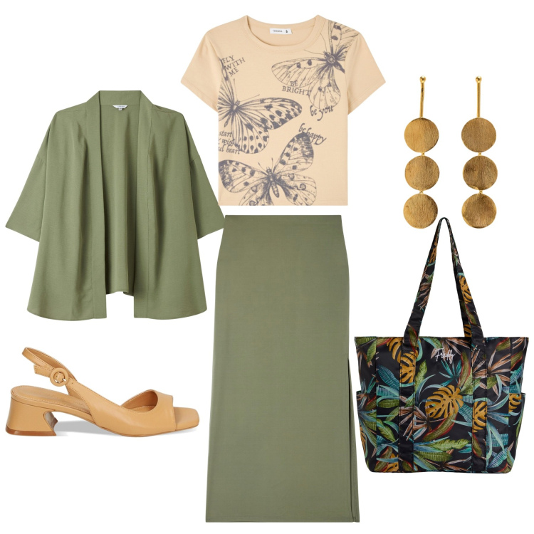 Outfit donna - Shopping a primavera. per Tutti i giorni. Abbinamento con gonne lunghe, kimono, t-shirt, shopping bag, sandali col tacco, orecchini.