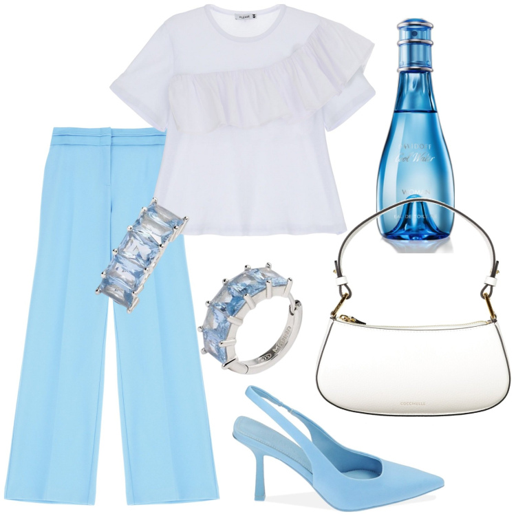 Outfit donna - Acqua. Stile Chic per Tutti i giorni. Abbinamento con profumi, orecchini, t-shirt, pantaloni, décolleté, borse a spalla.