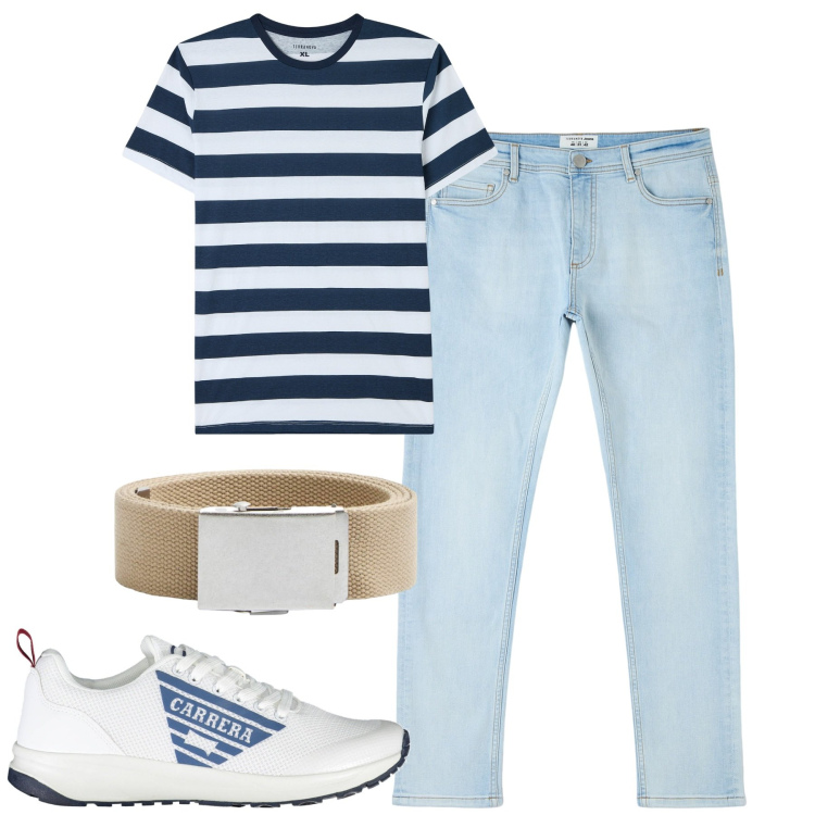 Outfit uomo - City. Stile Casual per Tutti i giorni. Abbinamento con jeans skinny, t-shirt, cinture, scarpe sportive.