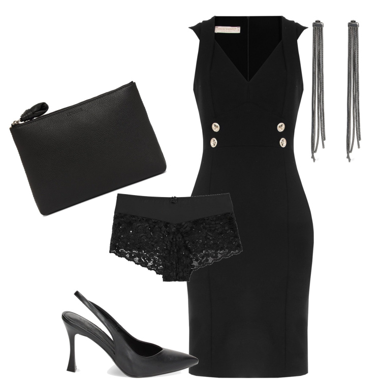 Outfit donna - Per l invito di sabato sera. Stile Glamour per Serata fuori. Abbinamento con culotte, vestiti midi/longuette, décolleté, orecchini, pochette.