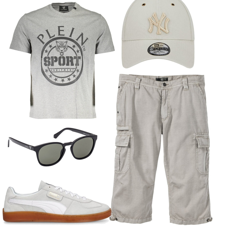 Outfit uomo - City. Stile Casual per Tutti i giorni. Abbinamento con bermuda, cappelli con visiera, occhiali da sole, t-shirt, sneakers.