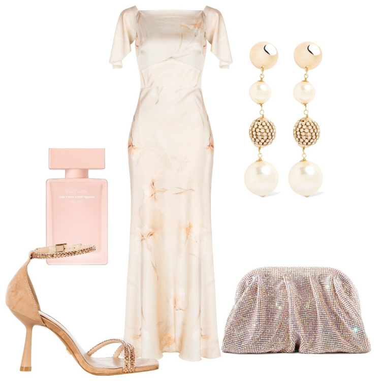 Outfit donna - Met Gala 2024. Stile Glamour per Cerimonia. Abbinamento con profumi, vestiti lunghi, sandali gioiello, pochette, orecchini.