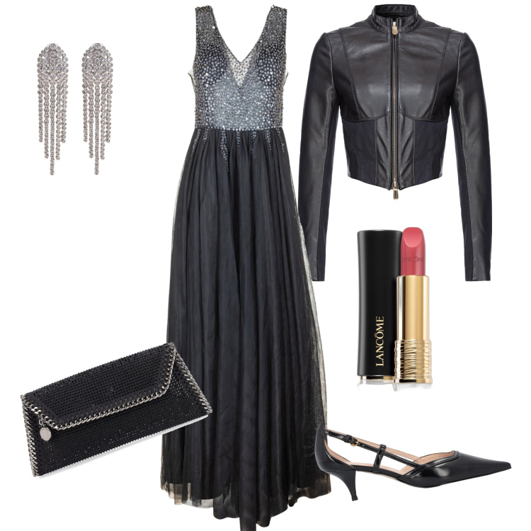 Outfit donna - La versatilità della biker jacket. Stile Sexy per Serata fuori. Abbinamento con orecchini, rossetti, giacche, décolleté, vestiti lunghi, pochette.