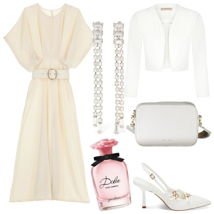 Outfit donna - Il vestito color crema. Stile Romantica per Cerimonia. Abbinamento con profumi, blazer, vestiti midi/longuette, décolleté, borse a tracolla, orecchini.