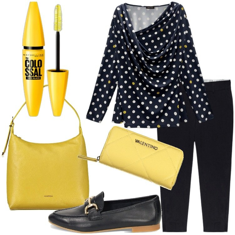 Outfit donna - Blu con tocchi di giallo. Stile Bon Ton per Ufficio. Abbinamento con mascara, mocassini, pantaloni, t-shirt, borse a spalla, portafogli.