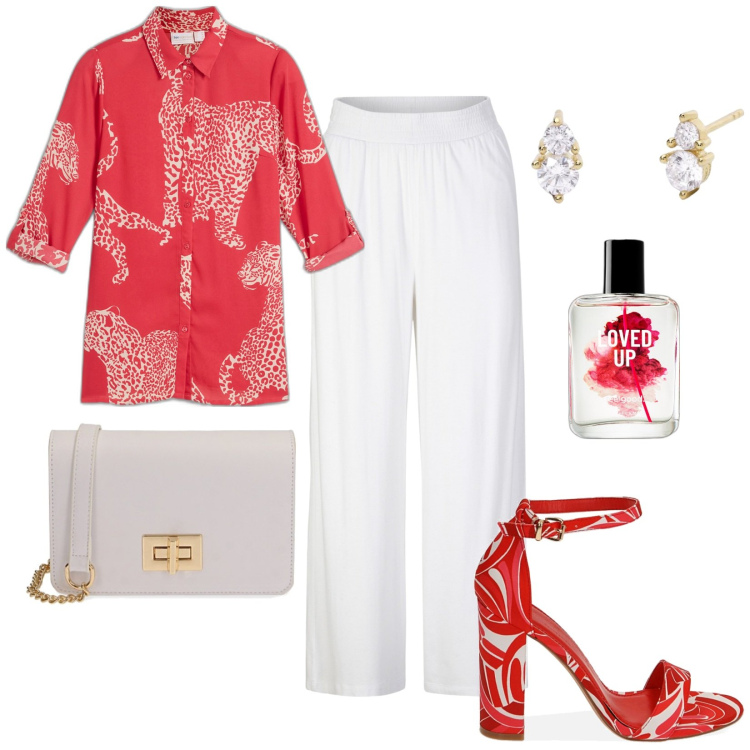 Outfit donna - Total look #1872087. Stile Casual chic per Tutti i giorni. Abbinamento con pantaloni, camicie, profumi, orecchini, borse a tracolla, sandali col tacco.