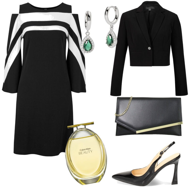 Outfit donna - Curvy e plus size. Stile Chic per Cerimonia. Abbinamento con vestiti, blazer, profumi, orecchini, pochette, décolleté.
