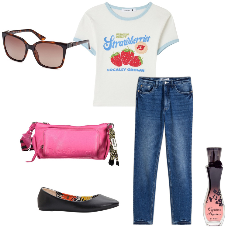 Outfit donna - Una fragolosa primavera. Stile Basic per Tutti i giorni. Abbinamento con ballerine, jeans dritti, profumi, t-shirt, borse a spalla, occhiali da sole.