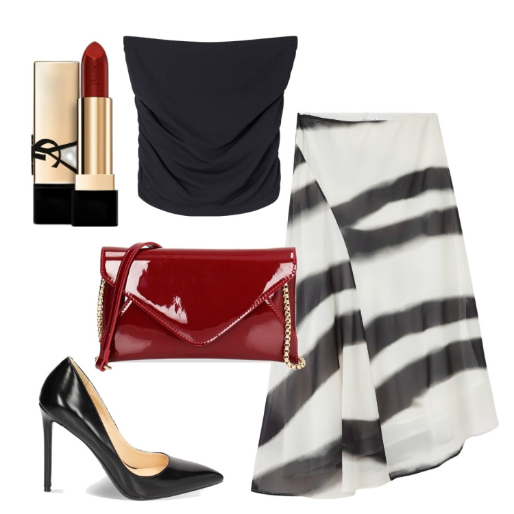 Outfit donna - Una serata perfetta. Stile Sexy per Serata fuori. Abbinamento con rossetti, top, gonne lunghe, pochette, décolleté.