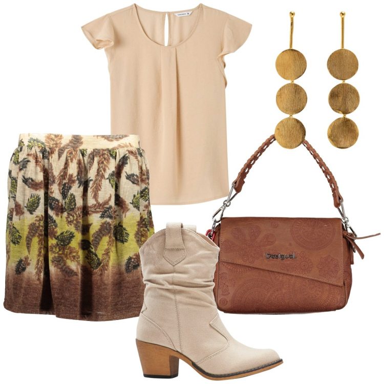 Outfit donna - Minigonna leggera. Stile Boho per Tutti i giorni. Abbinamento con stivaletti texani, bluse, minigonne, orecchini, borse a spalla.