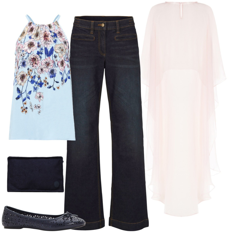 Outfit donna - Seta vs. Denim. Stile Casual chic per Tutti i giorni. Abbinamento con jeans, ballerine, top, blazer, pochette.