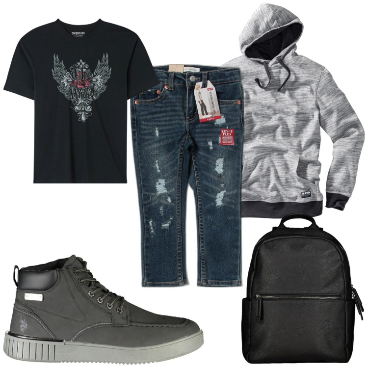 Outfit uomo - Total look #1872117. Stile Casual per Tutti i giorni. Abbinamento con felpe con cappuccio, t-shirt, stivali, borse sportive, jeans dritti.