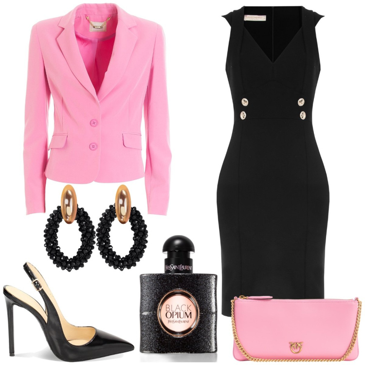 Outfit donna - Aperitivo. Stile Vintage retrò per Serata fuori. Abbinamento con orecchini, profumi, borse a tracolla, vestiti midi/longuette, blazer, décolleté.