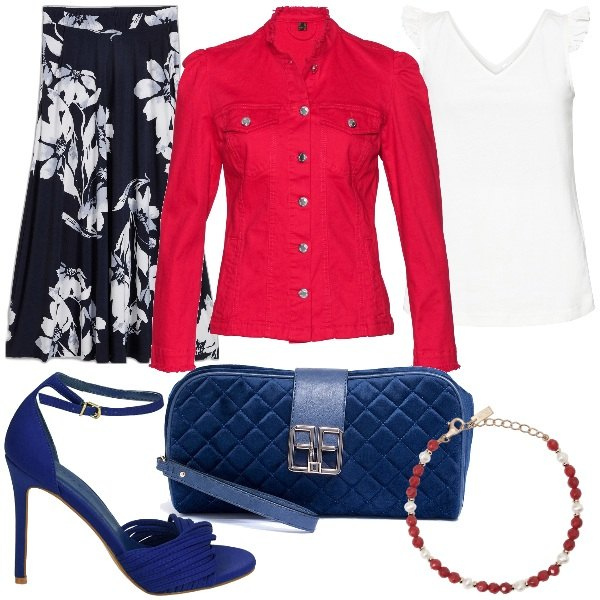Outfit donna - Dall\'ufficio all\'apericena. Stile Chic per Tutti i giorni. Abbinamento con top, gonne, blazer, braccialetti, pochette, sandali col tacco.