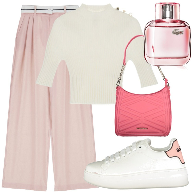 Outfit donna - Rosee fraganze. Stile Casual chic per Ufficio. Abbinamento con profumi, pantaloni a palazzo, maglieria, borse a spalla, scarpe sportive.