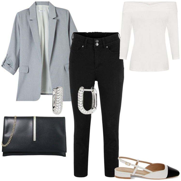 Outfit donna - Total look #1872175. Stile Casual per Ufficio. Abbinamento con jeans, maglieria, blazer, orecchini, pochette, ballerine.