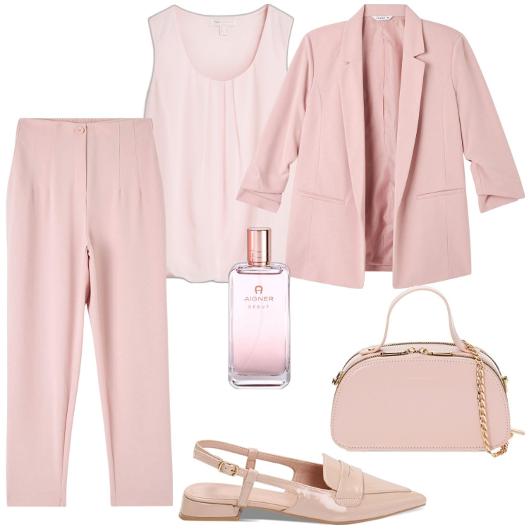 Outfit donna - Rosa chiaro. Stile Casual per Tutti i giorni. Abbinamento con top, profumi, pantaloni chino, blazer, borse a mano, ballerine.