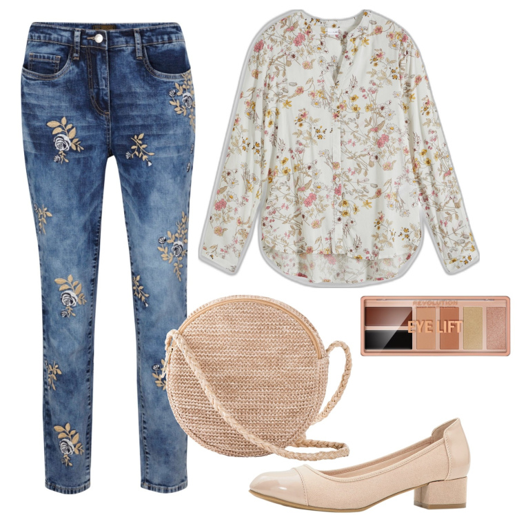 Outfit donna - Campi fioriti. Stile Romantica per Tutti i giorni. Abbinamento con camicie, jeans, décolleté, borse a tracolla, ombretti.