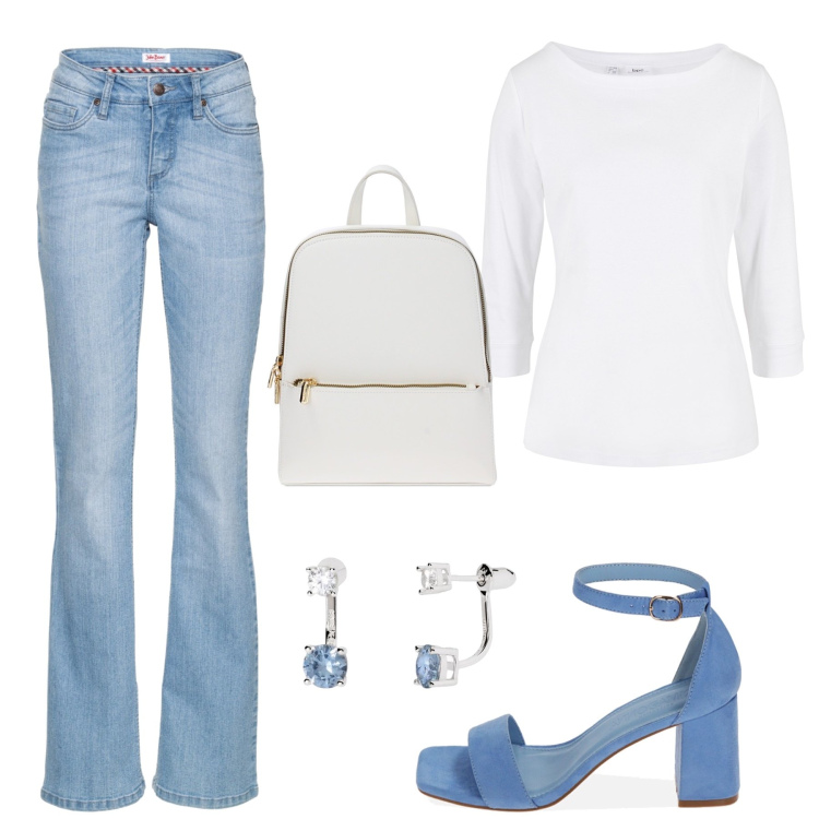 Outfit donna - Total look #1872197. Stile Minimal per Tutti i giorni. Abbinamento con jeans bootcut, maglieria, orecchini, zaini, sandali col tacco.
